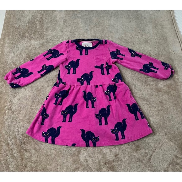 Mini Boden Other - Mini Boden Jersey Dress Girls Size 4-5Y Pink Black Cat Print long sleeve